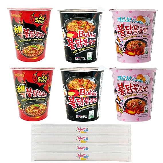 Samyang Korean Buldak Ramen Cup Stir Fried 3 Flavory Variety 6 Count Set - 2.47oz Each, 2 Count Per Flavor - Original, 2x Spicy, Carbo with MunchMo Chopsticks