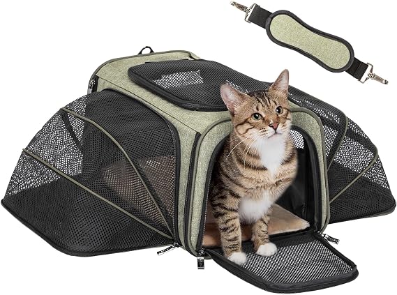 Petsfit Small Double Expandable Cat Carrier for Kittens and Air Travel | 16 x 10 x 9 in; sized for Alaska Airlines, with locking zippers, an interior safety tether and multi-side ventilation.
