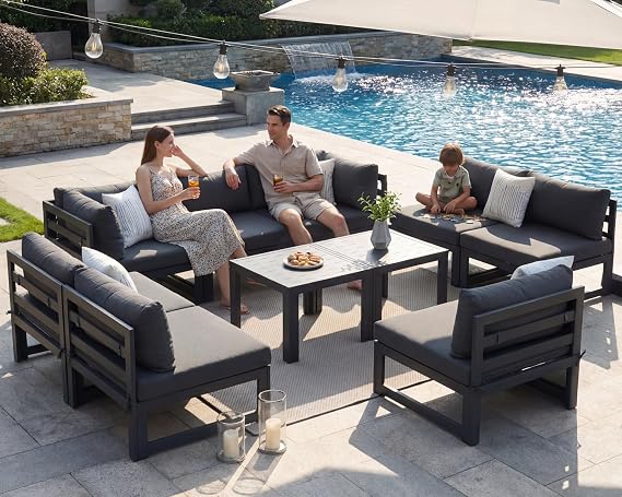 NICESOUL 8 Person Modern Aluminum Outdoor Patio Furniture Set, 29" Wide Deep Seating, All-Weather Anti-Rust L Shaped Modular Sectional Couch, Large Comfy Conversation Set for Backyard Lawn, Dark Gray