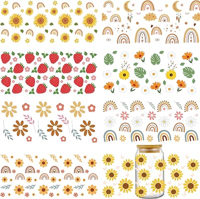 AFRITEE UV DTF Cup Wraps - 8 Sheets Strawberry UV DTF Glass Cup Wrap Transfer Decals, Sunflower Daisy Boho Rainbow Flower Floral Pattern Waterproof 16 oz Glass Cups Water Bottle DIY Crafts