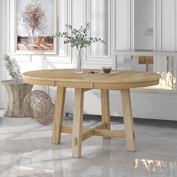 Extendable Dining Table - Round Dining Table with Leaf Extension and X-Shaped Base, Circular Dining Table with Solid Wood Frame,Oval Dining Table for Kitchen (Natural Wood Wash)