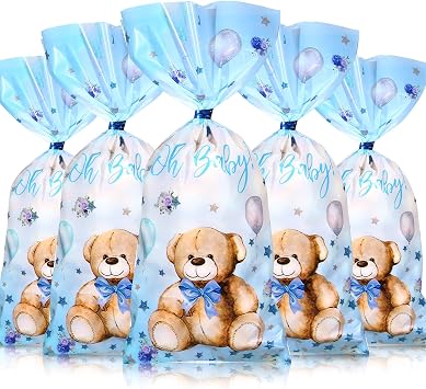 Pajean 100 Pack Bear Baby Shower Treat Bags Bear Cellophane Bulk Plastic Goodie Candy Gift Bags with Metallic Twist Ties for Gender Reveal Birthday Party Favors(Blue)