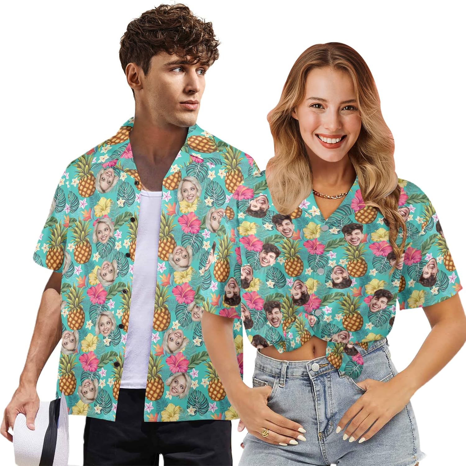 Custom Couple Face Hawaiian Shirt for Men Women Personalized Photo Aloha Beach Party Shirts Birthday Gift for Friend Family