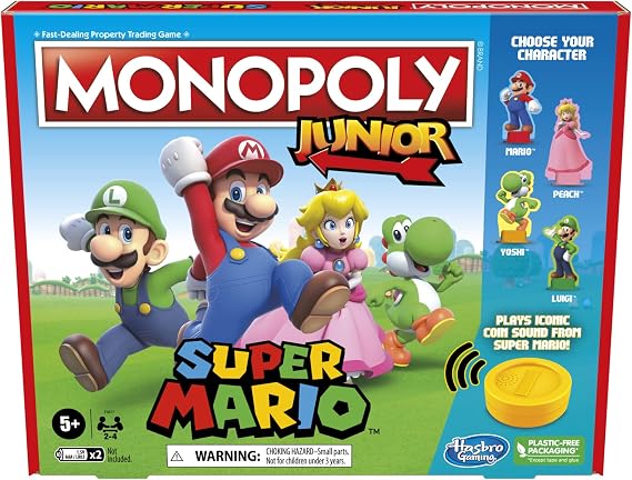 Monopoly Junior Super Mario Edition Board Game, Fun Kids' Ages 5 and Up, Explore The Mushroom Kingdom as Mario, Peach, Yoshi, or Luigi