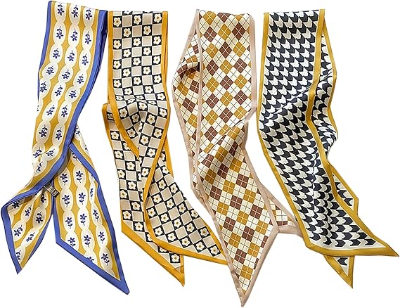 4Pcs Fashion Silky Scarves for Women,Floral Scarves Headbands Satin Scarf for Bag Hair Accessories Gift