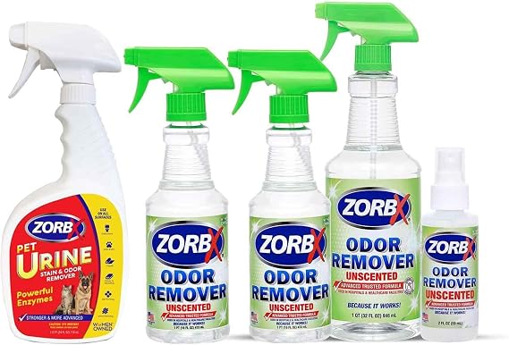 ZORBX Unscented Odor Eliminator for Strong Odor - Used in Hospitals & Healthcare Facilities (2oz + 16oz + 32oz + 16oz) + Pet Urine Stain & Odor Remover Spray (24oz)