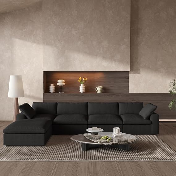 Cloud Couch Modular Sectional Sofa with Storage Ottoman,160.6" L Shaped Couch for Living Room,Down Filled 5 Seater Black Convertible Sectional Sofas,Covers Washable&Replaceable