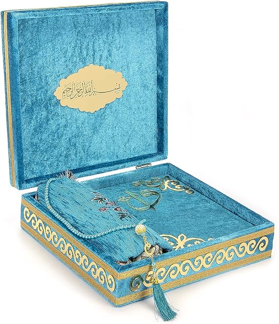 ihvan online Luxury Islamic Prayer Velvet Covered Gift Box, Deluxe 4 Piece Set with Elegant Velvet Covered Quran & Prayer Beads Tesbih & Prayer Rug, Ramadan & Eid Gift, Petroleum