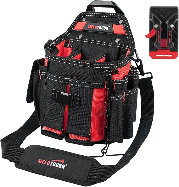 MELOTOUGH Professional Electrician Tool Pouch Bag with Shoulder Strap Tool Pouch with Belt Clip Quickly Attach and Release Tool Bag