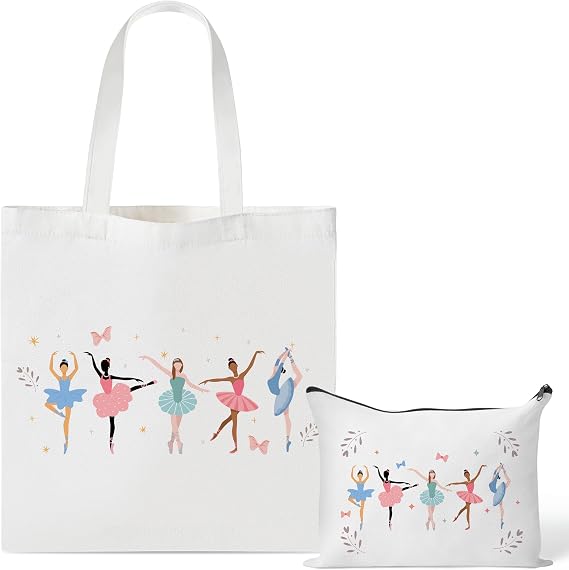 Y1tvei Ballet Canvas Bag Gifts - 2Pcs Ballerina Watercolor Print Canvas Tote Bag Makeup Pouch, Cute Dancing Girl Recital Gift