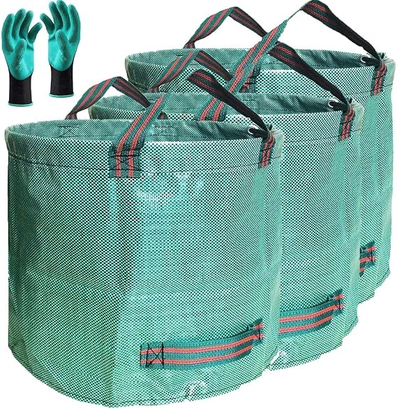 Standard 3-Pack 16 Gallons Yard Garden Bags (D18,H15 inch) W/Gardening Gloves, Reusable Leaf Bags,Grass Clippings,Lawn Debris Bag,Laundry Container,Patio Trash Bin,Yard Waste Bags,Weeds Bag 4 Handles