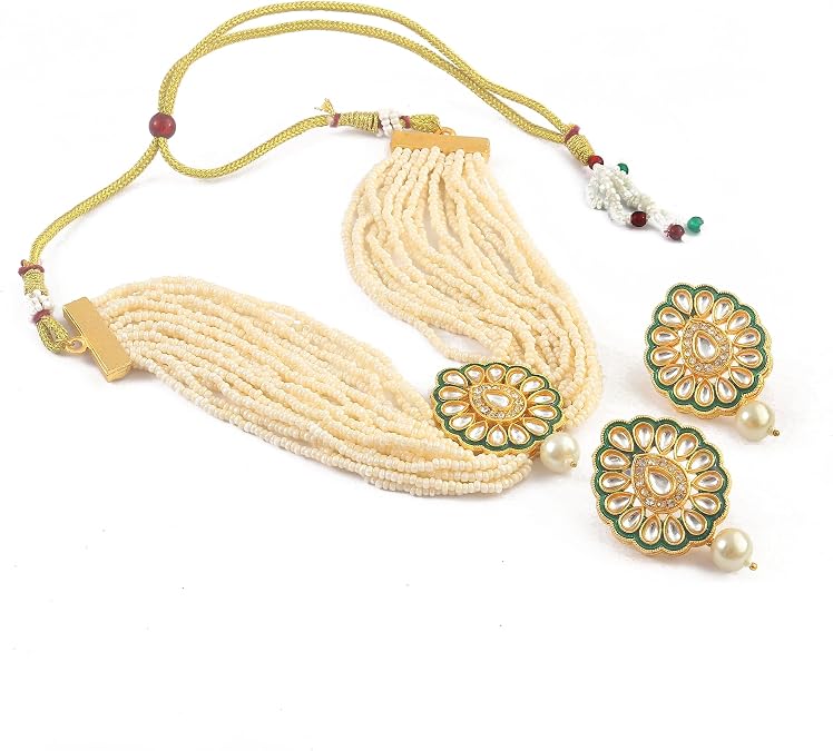 JewarHaat Indian Bollywood Gold Plated Necklace Set Choker Multi Layered Pearl Beads Polki Ad Cz Collar With Earrings Jewelry For Women