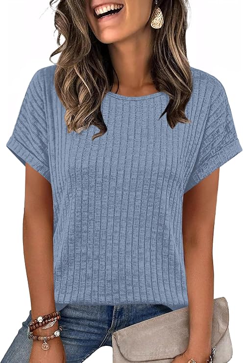 WIHOLL Women Lightweight Textured Shirts Casual Short Sleeve Tunic Tops Loose Fit 2026 Summer Spring Blouses Plain/Print
