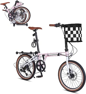 20 inch Folding Bike for Adults, 7-Speed Commuter Bike for Women Men, Foldable Bicycle Extra Light with BasketAdjustable Seat,Front & Rear Disc Brakes Compact Urban Bikes for City Commuting