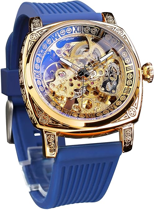 FORSINING Watches for Man, Square Retro Mechanical Watch Self-Wind Carved, Skeleton Automatic Watches Vintage Leather Strap Wristwatch