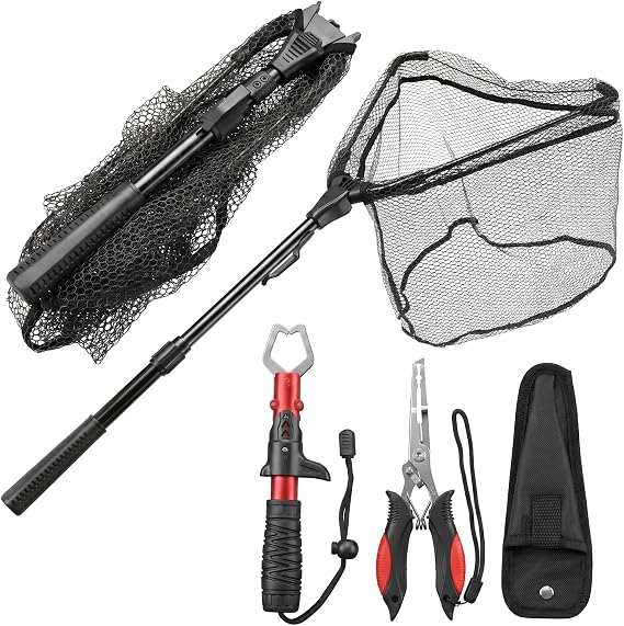 3Pcs Fishing Tool Kit Telescopic Landing Net & Fish Lip Gripper & Pliers | Folding Net, Saltwater Fishing Pliers with Lanyard Sheaths, Fishing Gear Accessories Kit Gift For Men Women