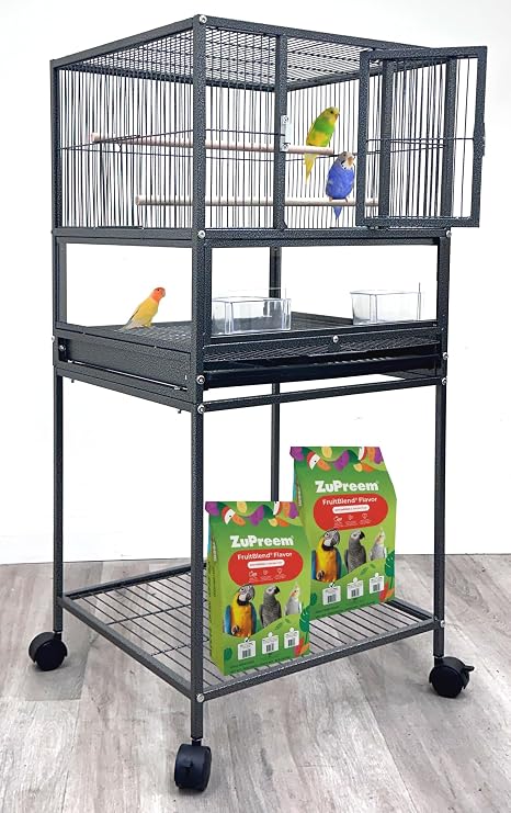 Elegant Sturdy Wrought Iron Bird Parrot Flight Cage Front Door Side Nesting Doors Acrylic Clear Bottom Prevent Food Spillage Storage Shelf Removable Rolling Stand Lockable Wheels