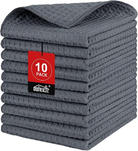 HOMEXCEL Waffle Weave Microfiber Towel, 10PK Waffle Towels Grey,12 x 12in | 400GSM Barista Towels, Waffle Wash Cloths for Bathroom, Hand, Super Absorbent Kitchen Microfiber Cleaning Cloth for Household