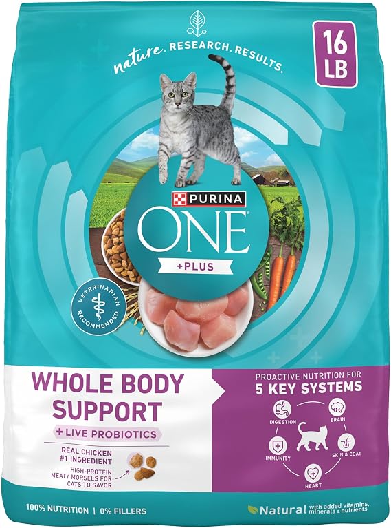 Purina ONE Plus Whole Body Support with Chicken Dry Cat Food - 16 lb. Bag | High protein meaty morsels with live probiotics for proactive nutrition. Made with real chicken as #1 ingredient.