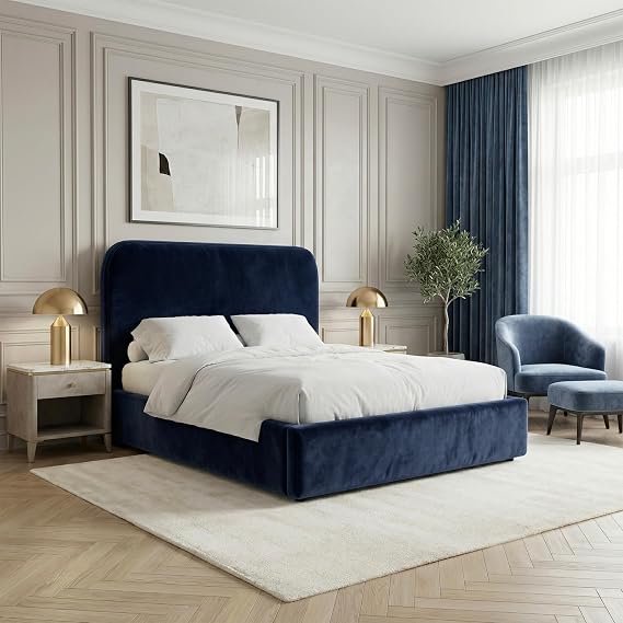 Blisswood Small Double Ottoman Bed – UKFR Upholstered 4ft Storage Bed with Headboard, Gas Lift-Up with Metal Support, Wooden Slats Base, Velvet Finish, Ideal for Bedroom (4ft Blue, No Mattress)