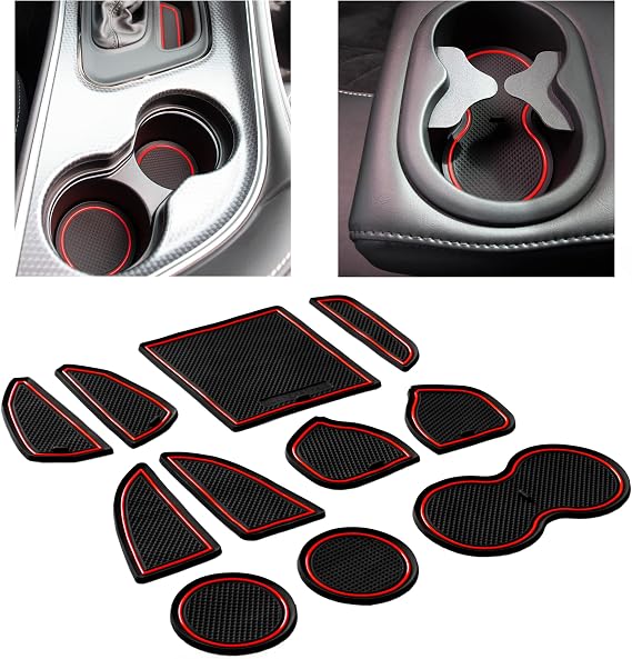 CupHolderHero Fits with Dodge Challenger Accessories 2015-2024 Custom Interior Non-Slip Anti Dust Cup Holder Inserts, Center Console Liner Mats, Door Pocket Liners 11pc Set (Red Trim)