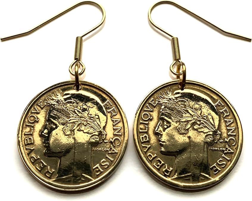 France Franc coin earrings French Lady Marianne Paris Marseille Lyon Strasbourg Toulouse Nantes Rennes Reims Le Havre Toulon Mont Saint-Michel Avignon Louvre Seine Strasbourg Carcassonne Metz e000540