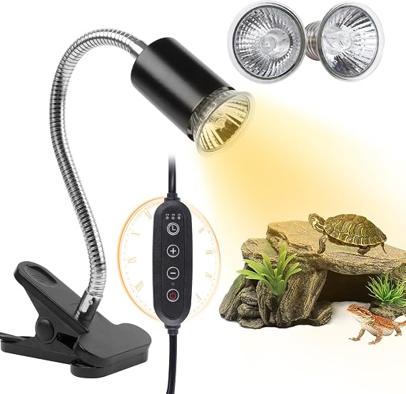 Tortoise Heat Lamp Basking Spot, Reptile UVA UVB Lamp with Clamp Stand(Cycle Timer), 360°Rotatable Turtle UVB Heat Bulb 25W & 50W for Lizard, Snake, Chameleon, Beared Dragon [Energy Class E]