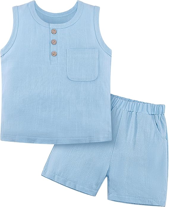 Weixinbuy Toddler Baby Boy Outfits Summer Clothes Set Cotton Linen Sleeveless Pocket T-Shirt Tops Shirt Short Outfit Set