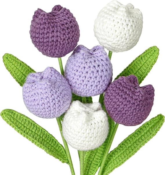 6Pcs Crochet Flowers Faux Tulips Completed Handmade Knitted Tulip Bouquet Plants Floral Gift for Mothers Women Friends Birthday Table Centerpieces Wedding Home Decor