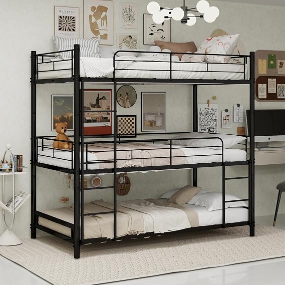 Metal Kids Triple Bunk Bed with Ladder, (90x190cm), Black | Silent Anti Slip Pad and Raised Guardrail, Space Saving Bed Frame for Small Rooms, Dormitory, Children's Room, No Mattress