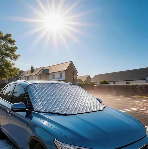 Car Windscreen Cover - Heavy Duty Ultra Thick, Sun Shade & Winter Frost Protector, Magnet-Free Safe Design, 99% UV Block Keeps Vehicle Cooler in Summer, Universal Foldable