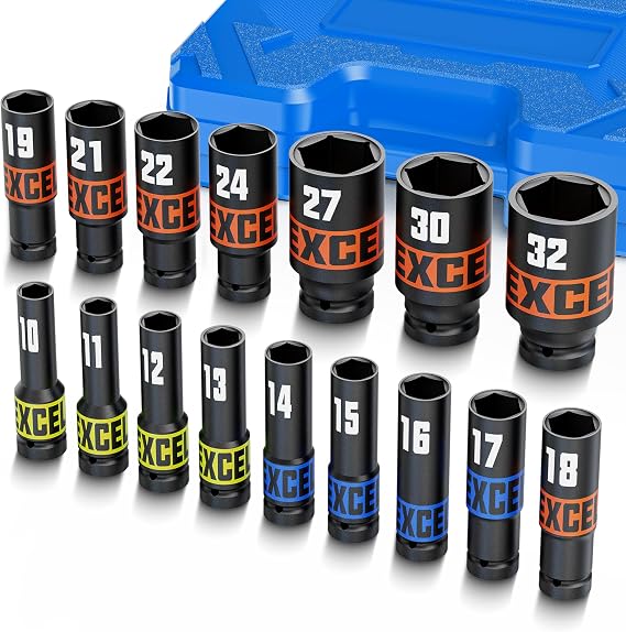 16-Piece Impact Wrench Nut Set Impact Sockets 1/2 Inch 10-32 mm Power Sockets Long Nuts for Car Repairs Household Repair