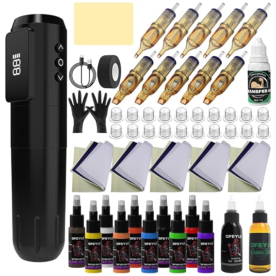 Wireless Tattoo Kit Tattoo Gun Kit For Beginners Complete Set | Rotary Tattoo Machine Starter Kit with 1600mAh Battery, 10PCS Cartridge Needles, 11 Inks, Practice Skin, Transfer Paper & Gel