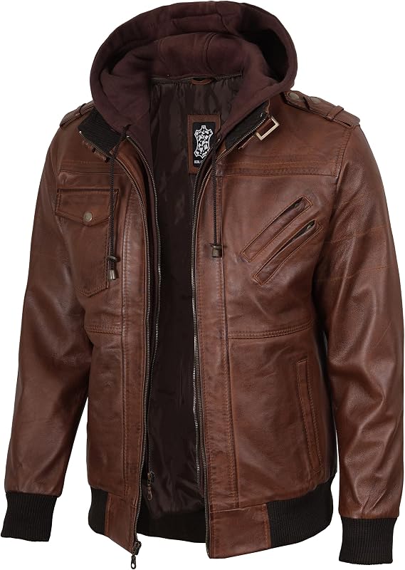 fjackets Men Hooded Leather Jacket - Real Lambskin Men's Bomber Leather Jackets with Detachable Hood Stylish Casual Outerwear