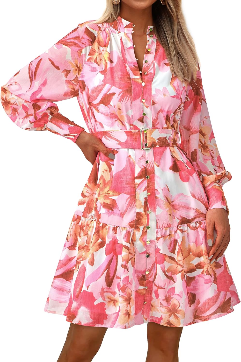 MASCOMODA Fall Dresses for Women 2024 Elegant Long Sleeve Button Short Floral Dress Chiffon A-Line Tie Waist Flowy Mini DressPink Rust Red Floral,Medium
