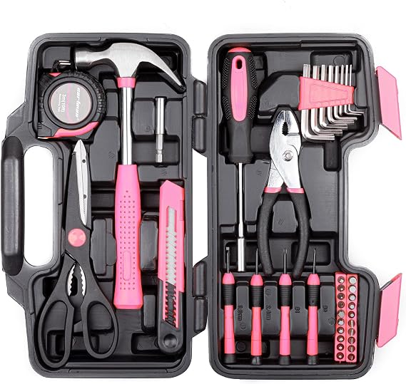CARTMAN 39 Pcs General Household Hand Tool Set with Plastic Tool Box Storage Case Pink