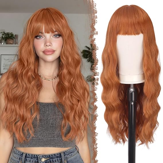 FESHFEN Auburn Wig with Bangs for Women - Long Wavy Natural Looking Synthetic Hair Wigs for Daily Party Costume, 26 inch