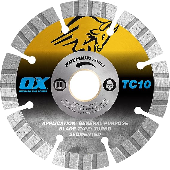 OX Tools TC10-4.5 4.5" General Purpose Diamond Blade, Stone Blade for Concrete Saw, Long Life 10mm Segments, Wet/Dry Cutting, Hot Pressed Sintered Segments, Cuts Brick Block Pavers Concrete