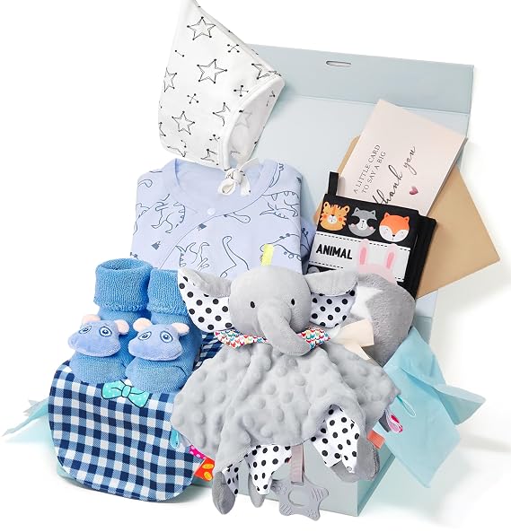 Golray 9pcs Baby Shower Gifts for Boys Newborn Kit, Blanket/Elephant Soothe/Fabric Book/Bodysuit/Bib/Sock/Hat/Greeting Card, Baby Essentials Stuff Gift for Newborn Boy Friend Newmom