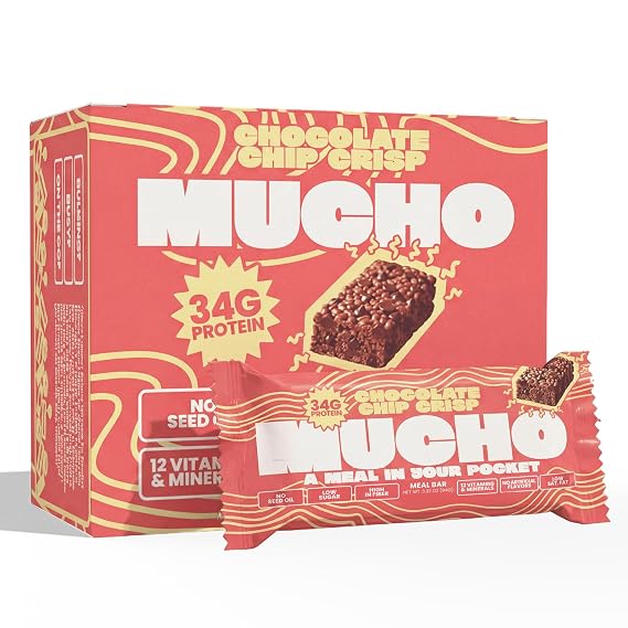Mucho Protein Bars - Meal Replacement Bar, 34g Protein, No Seed Oils, Low Sugar, Low Saturated Fat, High Fiber, Gluten Free - Healthy, Filling, High-Protein Snack, Perfect for Bulking (8 Pack, Chocolate Chip Crisp)