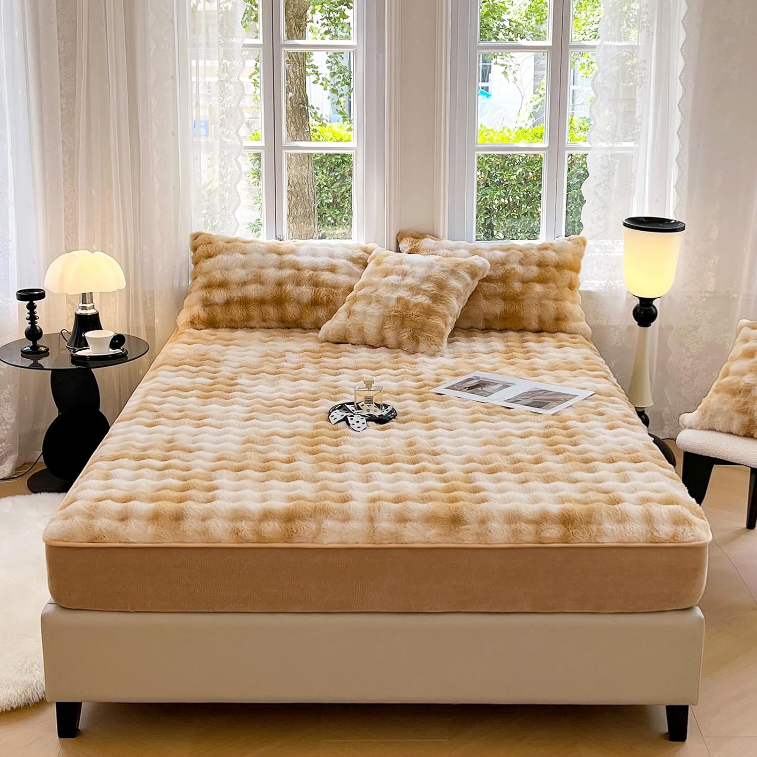 ZIQINPSQ Plush Shaggy Fitted Sheet Queen Size-Velvet Fitted Sheet Faux Fur Bottom Sheet with 15 Deep Pocket, Flannel Warm Tie Dyed Mattress Cover,No Pillowcases,Gold