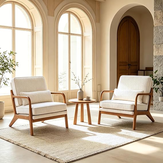 Karl home Mid-Century Accent Reading Chairs Set of 2, Beige | Corduroy Upholstered, Solid Wood Frame, Soft Cushion, Lumbar Pillow, Lounge Armchair for Living Room, Bedroom, Balcony, Study