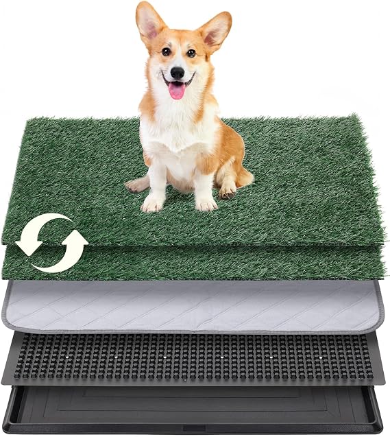 Petcozife Dog Grass Pee Pad with Tray,63.5x51cm Puppy Potty Training Toilet | 2pcs Artificial Grass Patch, Indoor Dog Litter Tray with Reusable Mat, for Balcony Apartment, Washable, Less Odor, M