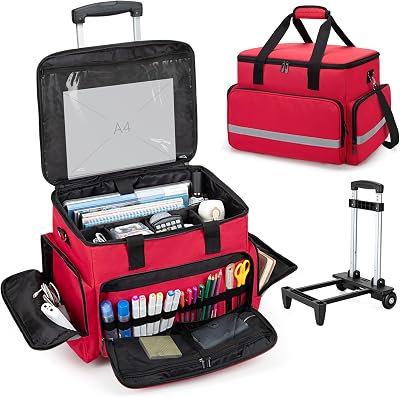 CURMIO Rolling Teacher Tote Bag with Wheels, Teaching Work Bag with Padded Sleeve for up to 14 Laptop for Teaching, Office, RedBag Only
