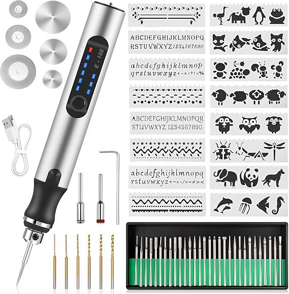 Electric Engraving Pen Tool can be Engraved on Metal, Glass, Ceramic, Wood, Engraving Pen Tool Kit with 16 templates Suitable for DIY Creation, Crafts, Personalized Accessories and Gifts (White)