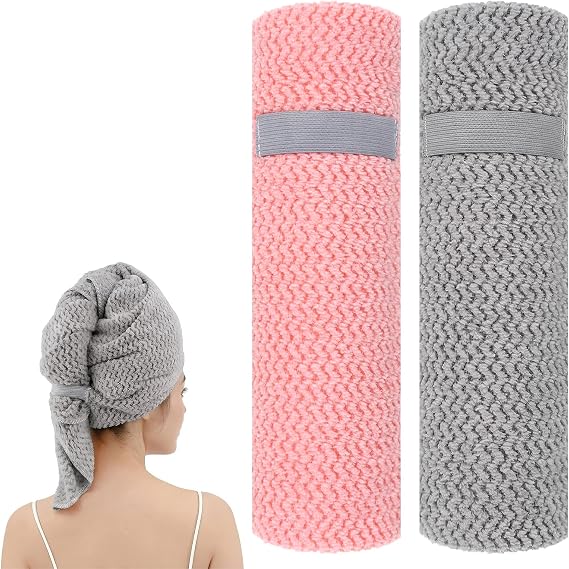 2 Pack Large Microfiber Hair Towel Wrap 60 x 100 cm - Superior Absorbency Anti-Frizz Soft, Suitable for Long Thick Hair & All Hair Types (Grey Pink)