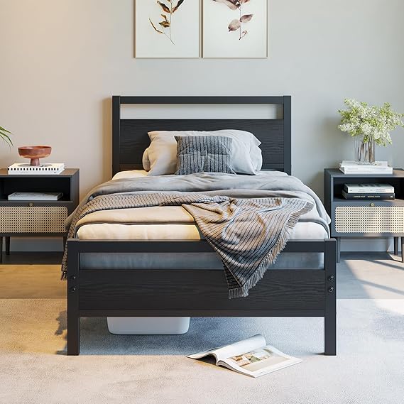 BOFENG 3ft Single Bed Frames Solid Bedstead Base with Wood Headboard,Heavy Duty Metal Platform Bed Frame No Box Spring Needed,Mattress Foundation/Strong Metal Slat Support/Under-bed Storage/Black