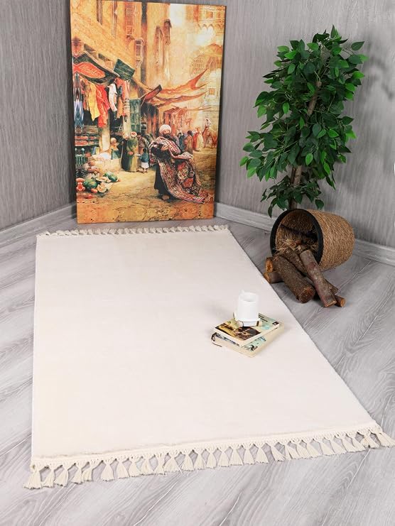 My Evilla Modern Dekoratif Örgü Saçaklı Simirna Peluş Halı Yolluk Krem 100 x 300