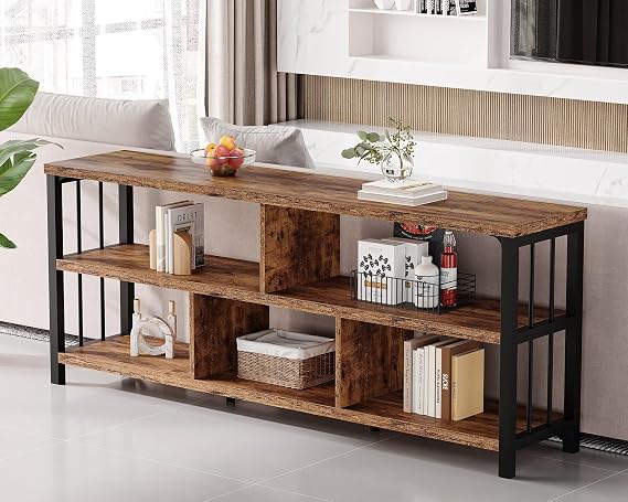 IBF 63 Long Open Bookshelf, Low Horizontal Wood Bookcase, Rustic Brown
