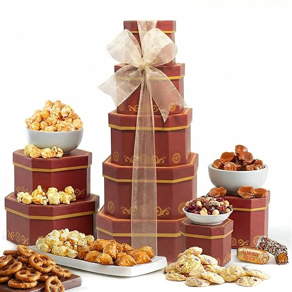 Broadway Basketeers Corporate Thank You Gift Tower Selected Premium Snacks | Premium snack tower with cookies, sweets, and savory treats for clients, employees, colleagues, and teachers.